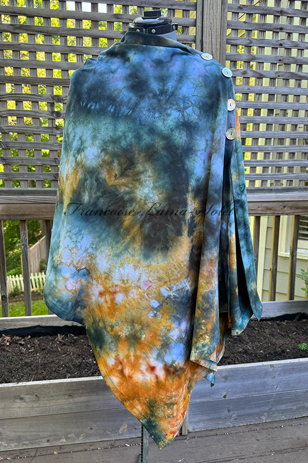 Women's hand dyed ice dyed asymmetrical poncho shawl wrap with buttons in different  shades of blue, teal, green and marigold - Storm in the Desert