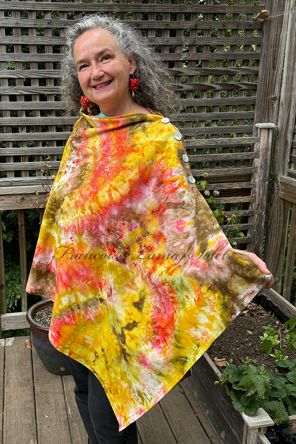 Women's khaki, yellow, and coral pink hand dyed tie dye warm and cozy fall winter Button Shawl Wrap, poncho cover up - Summer Cocktail