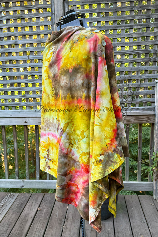 Women's khaki, yellow, and coral pink hand dyed tie dye warm and cozy fall winter Button Shawl Wrap, poncho cover up - Summer Cocktail