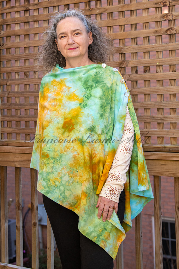 Women's green, marigold and turquoise hand dyed tie dye warm and cozy fall winter Button Shawl Wrap, poncho cover up - Sunflower Field