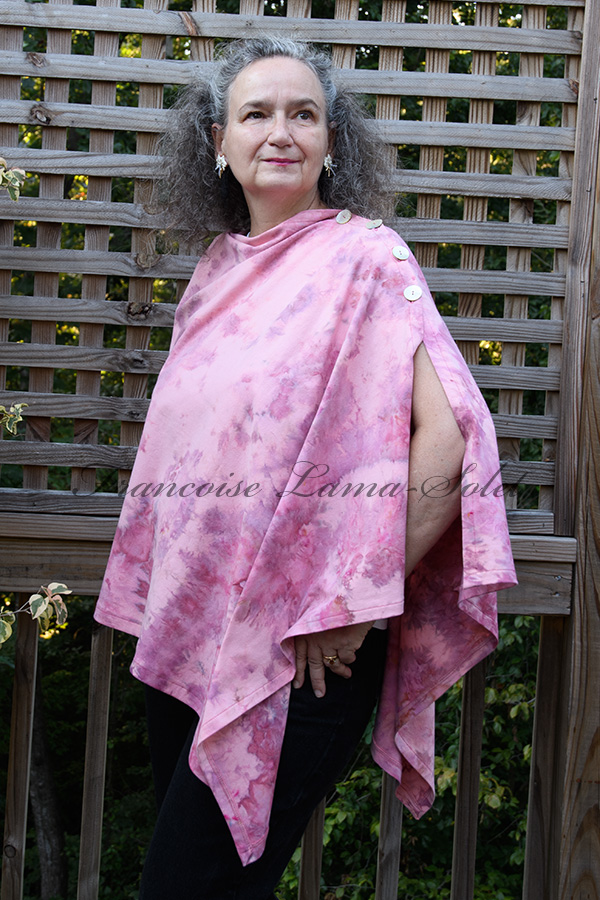 Women's hand ice dyed tie dye dusty pink asymmetrical poncho cape shawl with buttons - Vintage Rose