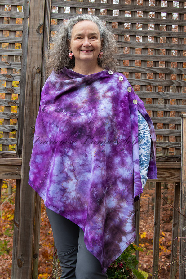 Women's purple hand dyed tie dye warm and cozy fall winter asymmetrical poncho with buttons - Violette